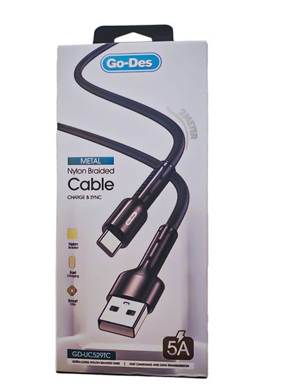 اشتري Go Des GD UC529TC High Speed 5A Smart Chip Type C Cable 2 Meter Nylon Braided Ultra Durable For Rapid Charging And Data Transfer في السعودية