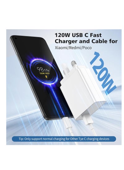 Buy 120W USB Plug Turbo Charger for Xiaomi Redmi Note 13 Pro+, USB Fast Charger Plug with 6A Turbo Charging Cable 1M, Wall Charger UK Power Adapter for Mi 14 13 12X 11T for Redmi Note 12 11 10s POCO X6 F5 in Saudi Arabia