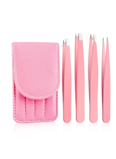 Buy 4 Piece Stainless Steel Precision Tweezers with Leather Case (Pink) in UAE