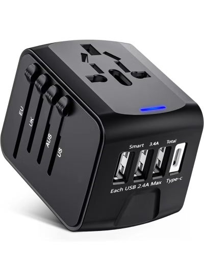 Buy Travel Adapter, Universal Travel Adapter - 3 USB + 1 Type C  in One Travel Charger with UK/US/AUS/EU Plugs and Socket, 1500W International Power Adapter Wall Charger (Type-c Black) in UAE