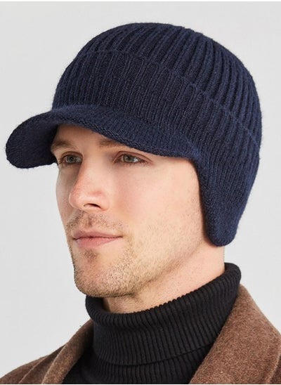 Buy Men's Winter Visor Beanie Hat with Earflaps Knit Baseball Cap with Brim Ski Hat Warm Fleece Lined Hunting Hat Navy Blue in UAE