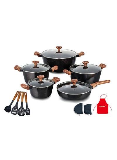 Buy 17-Piece Non Stick Granite Cookware Set 20/24/28/32Cm Casserole, 28Cm Shallow Casserole- Pfoa Free in UAE