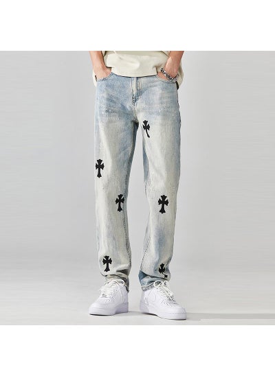 Buy Euro-American Streetwear Washed Print Denim Mens Jeans Black in Saudi Arabia