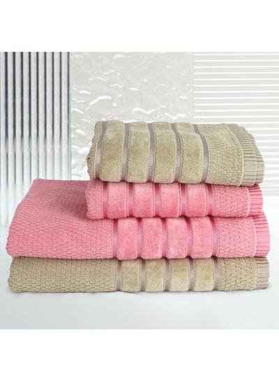 Buy 4 Piece Bathroom Towel Set SALERINO 525 GSM 100% Cotton Terry 2 Bath Towel 70X140 cm & 2 Hand Towel 50x90 cm Pink & Brown Color Soft Feel Super Absorbent in UAE