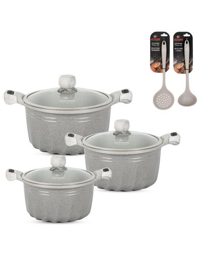 Buy Pans and Pots Set 8 pieces - Cookware set Induction Base, Granite Non Stick Coating, Die Cast aluminum 100% PFOA FREE include Casseroles & Silicone Utensils (Dark Grey (16/20/24CM)) in UAE