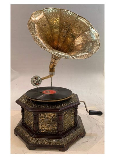 اشتري 8 Corner Shape Wooden Arabic Traditional Brass Work Hand Made Gramophone One Disc في الامارات