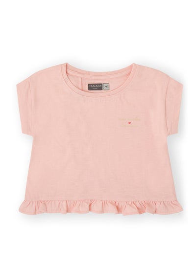 Buy Soft and Comfortable Pink Cotton T-shirt with Ruffle Details for Girls in UAE