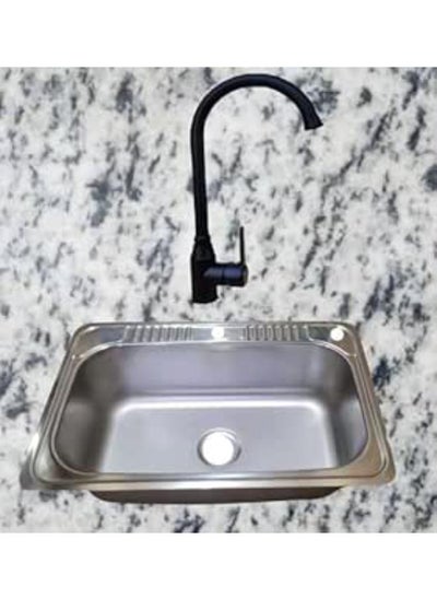 Buy Turkey Star Kitchen Sink Stainless Steel 80Cm By 50Cm Deep 24Cm Thickness 1Mm And 2 Hole With Drain And Mixer (Basin + Mixer + Drain) in Egypt