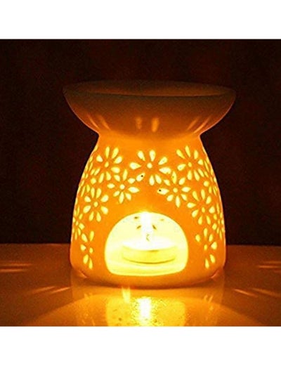 اشتري Ceramic Tealight Holder Essential Oil Candle Warmers Carved Petal White Great Decoration for Living Room, Balcony, Patio, Porch and Garden, Vase Shape في الامارات