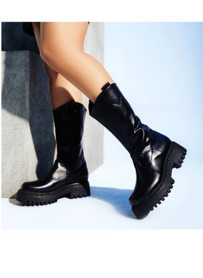 Buy Boot Mid-Calf Leather With Zipper LB-33 - Black in Egypt