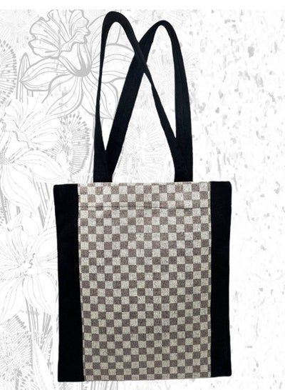 اشتري Small squares casual printed linen tote bag في مصر