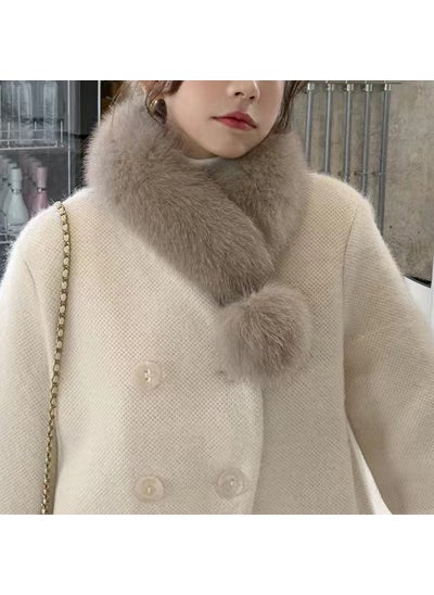 Buy Korean-style Scarf with Faux Fur Pom PomsKhaki Khaki in Saudi Arabia