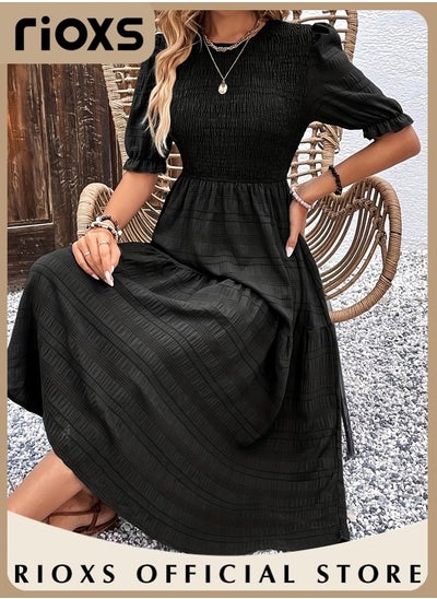 Buy Women Casual Short Sleeve Crew Neck Fall Dress Bohemian Relaxed Fit Flowy Maxi Dresses Tiered Cocktail Dress in Saudi Arabia