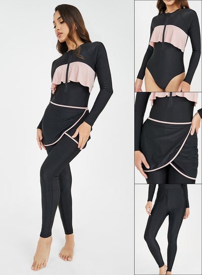 اشتري Pack of 3 - Ruffled Zip Up Top, Contrast Edge Wrap Skirt & Leggings Burkini في السعودية