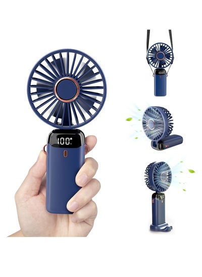 اشتري Personal Fan Portable Hanging Neck Fan 3000mAh USB-C Rechargeable 5-Speed Modes Powerful Desktop Fan with Base Adjustable Lanyard and Bracket Hands-free Cooling Fan-Blue في الامارات