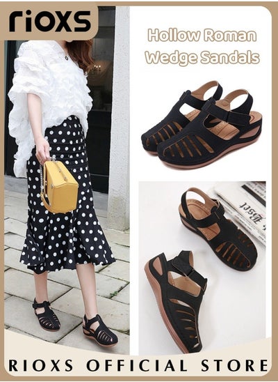 Buy Women's Hollow Roman Wedge Sandals Round Open Toe Sandals Comfortable Buckle Sandals in Saudi Arabia