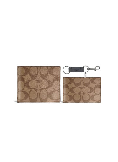 اشتري 3 IN 1 Wallet In Signature Canvas Short Wallet & Card Holder & Keychain Gift Box - Khaki/Brown في السعودية