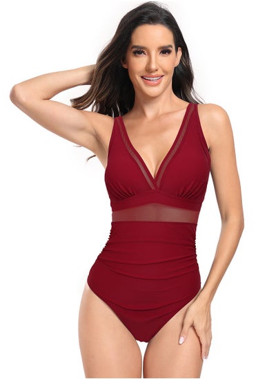 Buy Women's Solid Color One Piece Swimsuit V-Neck Bathing Suits Wine Red in Saudi Arabia