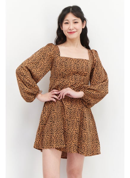 اشتري Women Petite Animal Print Long Sleeve Mini Dress, Brown/Black في الامارات