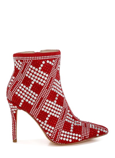 Buy Rhinestones Studded Stiletto Heel Boots in Red in UAE