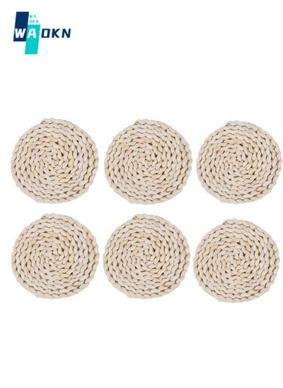 Buy Set of 6 Unique Straw Woven Coasters, 11cm Diameter Round Natural Rattan Woven Table Mat, Suitable for Drinks, Coffee and Tea, Personalized Retro Coasters (Off-white) in UAE