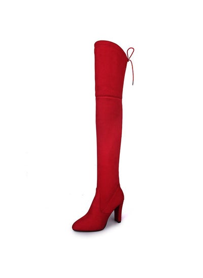 Buy Autumn Winter Over-Knee High Heel Round Toe BootsRed Red in UAE