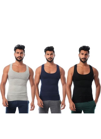 Buy 3-Piece Cotton Sleeveless Undershirt Set Navy/Grey/Black in Egypt