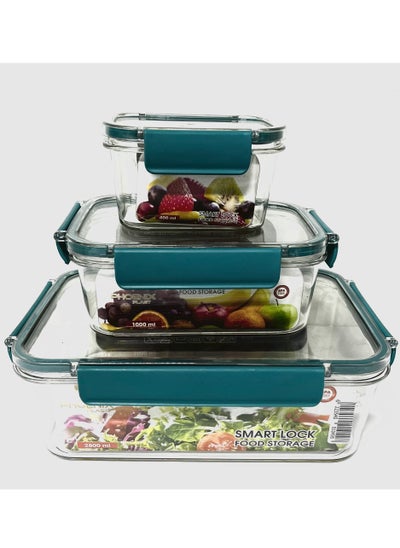 Buy Acrylic Refrigerator Food Container,Food Box Set Of 3Pieces With Airtight Lock - Clear Silicone Sides Turquoise in Egypt