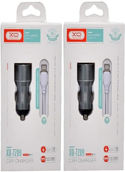 اشتري Xo tz09 car charger suit and lightning cable with 2.1a max 12w output and 2 usb output 1000mm set of 2 pieces - grey في مصر