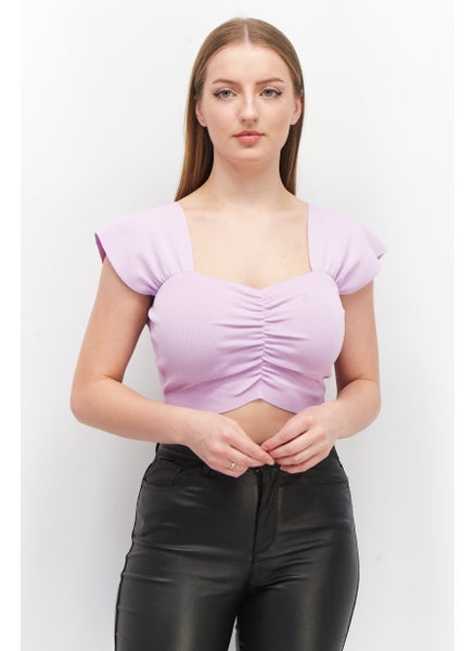 Buy Women Queen Anne Neckline Sleeveless Ruched Top, Lavender in UAE