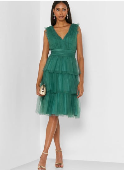 Buy Layered Tulle V-Neck Dress in UAE