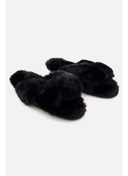 Buy Women Faux-Fur Crossband Homewear Slipper, Black in Saudi Arabia