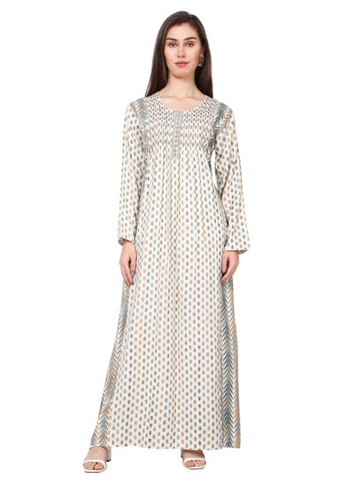 Buy CASUAL UNIQUE PRINTED DESIGN WITH FRONT EMBROIDERY SMOCKING ARABIC KAFTAN JALABIYA DRESS in Saudi Arabia