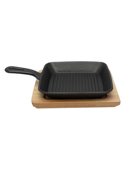 Buy 19.5cm Square Cast Iron Skillet With Side Handle And Wooden Base | Oven Safe Cast Iron Roasting Pan in Saudi Arabia