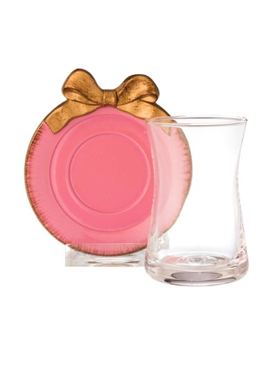 Buy A Set Of Glass Tea Cups With A Wooden Saucer In Pink Consisting of 6 Tea Cups + 6 Tea Saucers in Saudi Arabia