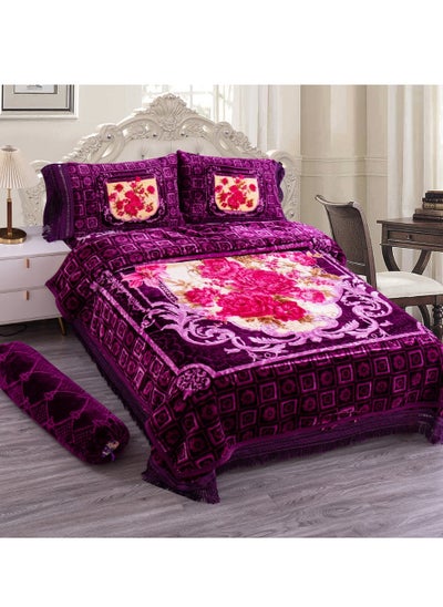 Buy Blanket Set of 5 Pieces 220 x 240CM 2 Ply Premium Blanket With Bedspread Pillowcase And Neck Roll in UAE