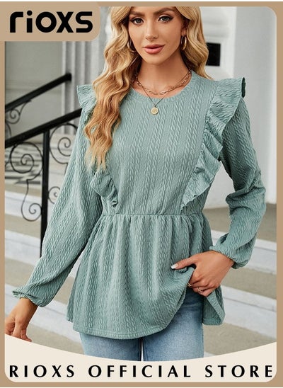 Buy Women's Round Neck High Waist Long Sleeve Blouse Shirt Pleated Stitching Jacquard Solid Color Elastic Hem Peplum Top in UAE