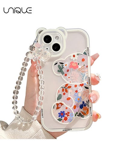 Buy Compatible with iPhone 15 Case, Cute Flowers Bear Camera Protector Clear Case Cover with Lovely Strap Bracelet Chain Girls Women Case for iPhone 15 in UAE