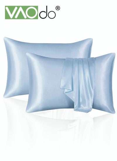 Buy Silk Pillowcase Set of 2,  Soft Breathable (51*102CM, Blue) in Saudi Arabia