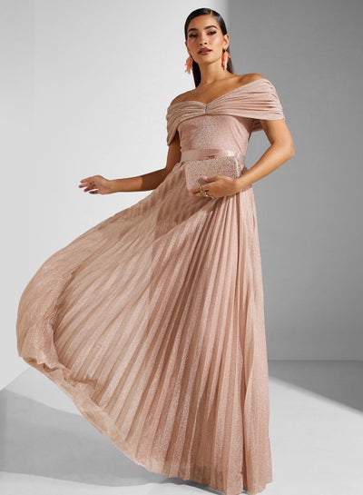Buy Belted Bardot Plisse Dress in Saudi Arabia
