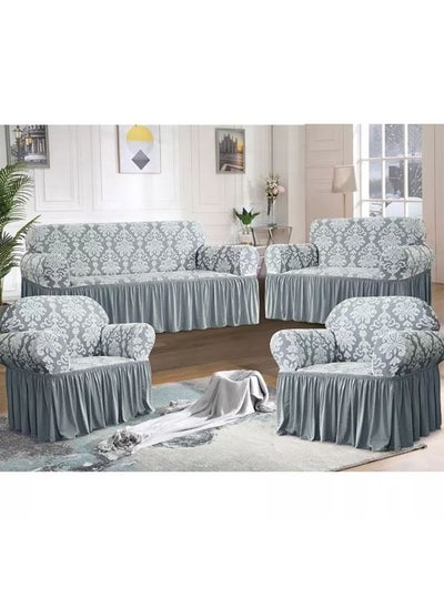 Buy 4 piece 7 Seater(3+2+1+1)Stretchable Sofa Cover Set with Ruffle Skirt Light Grey in Saudi Arabia