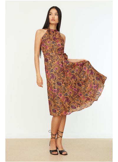 Buy Orange Floral Print Belted A-line Halter Neck Sleeveless Midi Lined Woven Dress TWOSS20EL2536 in Egypt