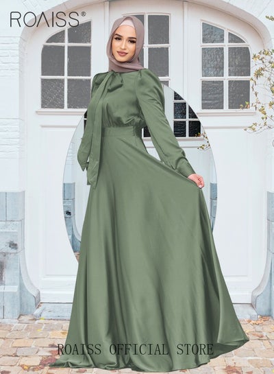 Buy Women's Silk Dress Satin Long-Sleeved Dress Fashion Large Hemline High Waistline Trailing Floor in Saudi Arabia