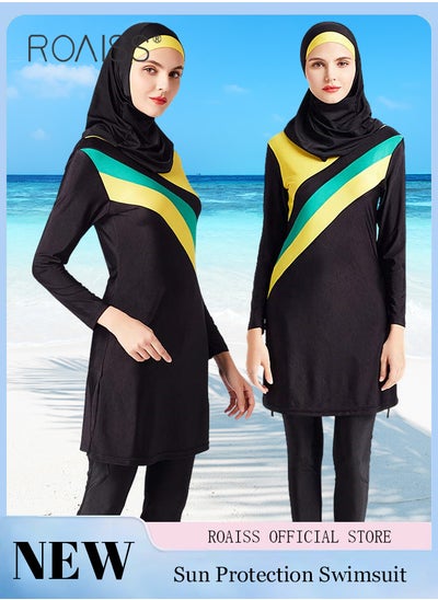 اشتري 3 Piece Women Conservative Colorblock Swimsuit Set Muslim Sun Protection Swimwear Swimming Trousers Cap Ladies Loose Beachwear Dress Arab Clothing في الامارات