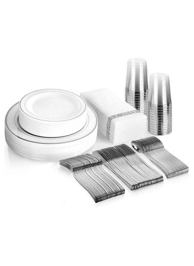 اشتري Silver Dinnerware Set 25 piece 10.25 inches Dinner plates 25 piece 7.5 inches Salad Plates 25 piece 10 oz Silver Rim Plastic cups 25 Piece Print Napkins 25 Spoons 25 Piece Forks 25 Piece Knifes في الامارات