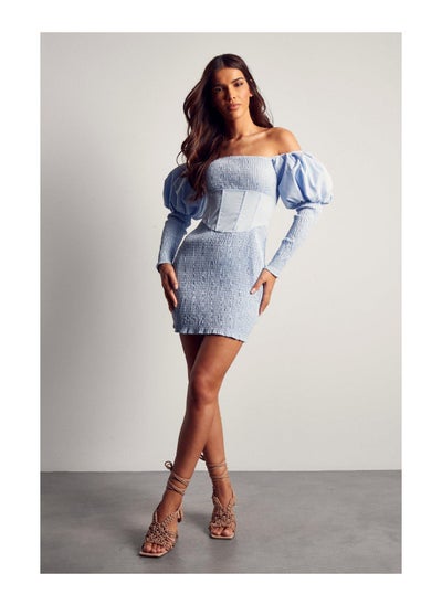 Buy Shirred Bardot Puff Sleeve Mini Dress in Saudi Arabia