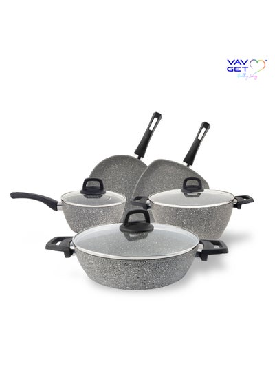 Buy Premium Granite 8-PCS Cookware Set. Set includes: 18cm Sauce Pan, 26cm Deep and Shallow Casseroles, 26cm Fry and 28cm Grill Pans with Lids. Made in Turkey. in UAE