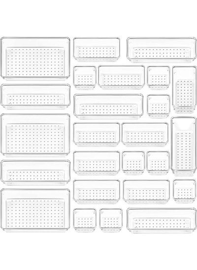 Buy 25 PCS Clear Plastic Drawer Organizers Set, 4-Size Versatile Bathroom and Vanity Drawer Organizer Trays, Storage Bins for Makeup, Jewelries, Kitchen Utensils and Office in Saudi Arabia