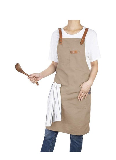 Buy Kitchen Chef Cotton Canvas Apron Barber Works Shop Cooking Cross Back Aprons for Women Men with Pockets (Khaki) Gift for Birthday Valentine's Day Thanksgiving in UAE