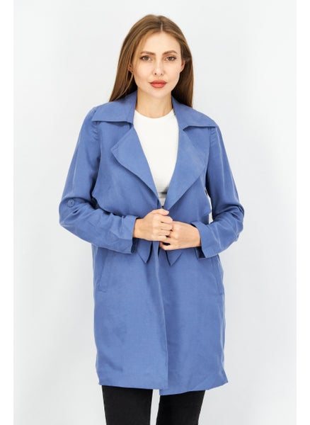 Buy Women Plain Split Neck Long Sleeves Trench Coat, Blue in UAE